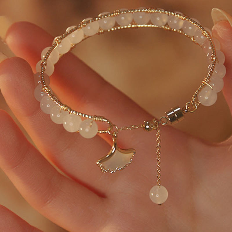 Braccialetto della fortuna con perline di giada e foglie di ginkgo di Buddha Stones