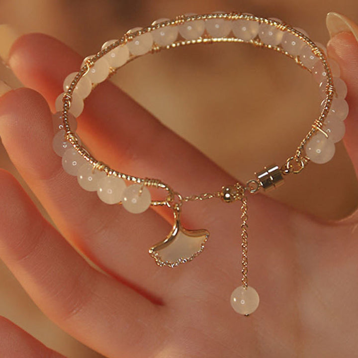 Braccialetto della fortuna con perline di giada e foglie di ginkgo di Buddha Stones