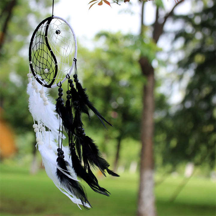 Acchiappasogni Yin Yang Rete circolare con piume Decorazione di equilibrio