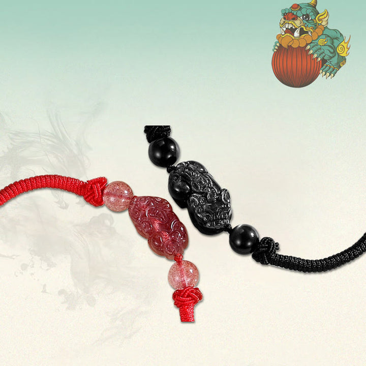 Braccialetto intrecciato di protezione PiXiu in quarzo fragola con ossidiana lucida in argento naturale fatto a mano Buddha Stones