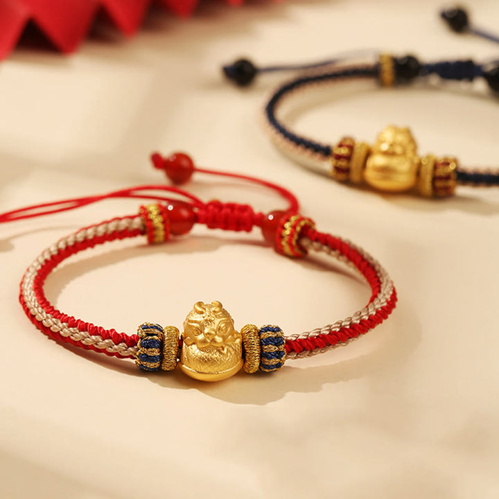 Braccialetto intrecciato fatto a mano in argento Buddha Stones 925 con drago bambino, fortuna e forza