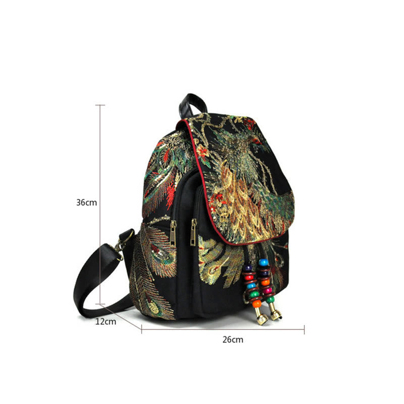 Zaino in tela con nappa e ricamo di pavone Buddha Stones