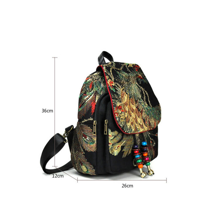 Zaino in tela con nappa e ricamo di pavone Buddha Stones
