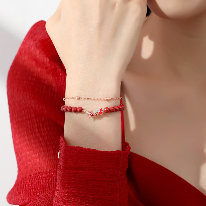 Bracciale a catena a doppio strato con zirconi e cinabro, in argento sterling 925, con pesce koi portafortuna, Buddha Stones
