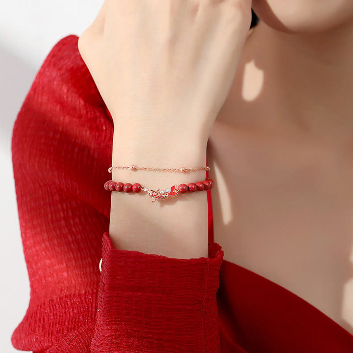 Bracciale a catena a doppio strato con zirconi e cinabro, in argento sterling 925, con pesce koi portafortuna, Buddha Stones