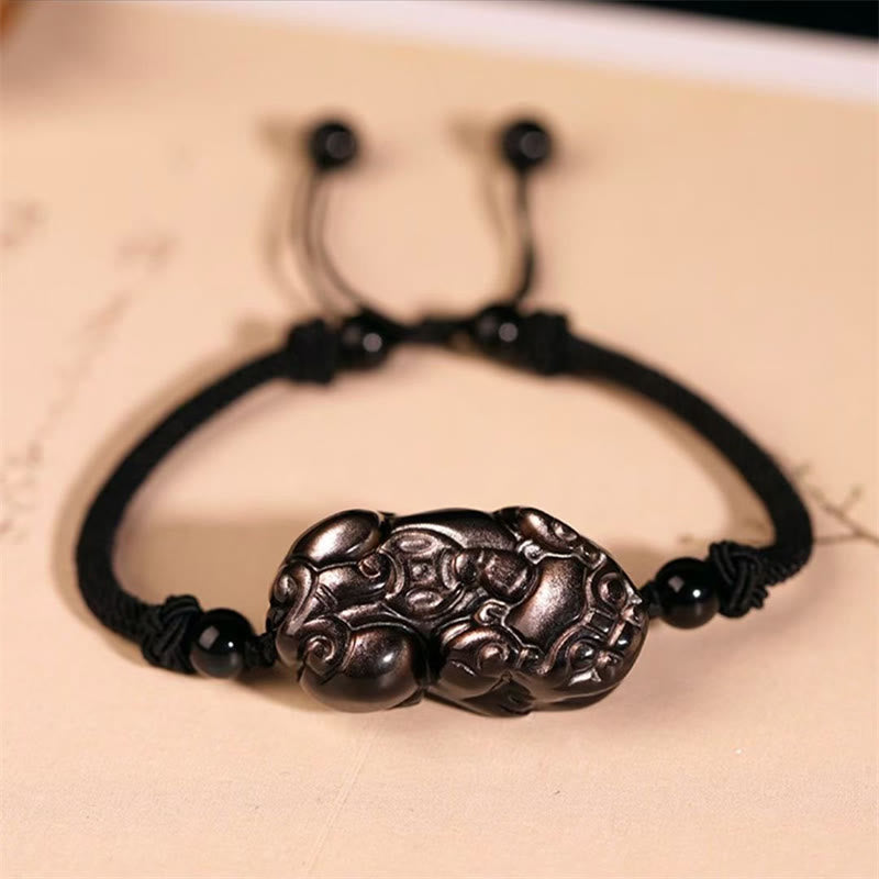 Braccialetto della ricchezza con moneta di PiXiu Cooper in ossidiana naturale, ametista, citrino e Buddha Stones