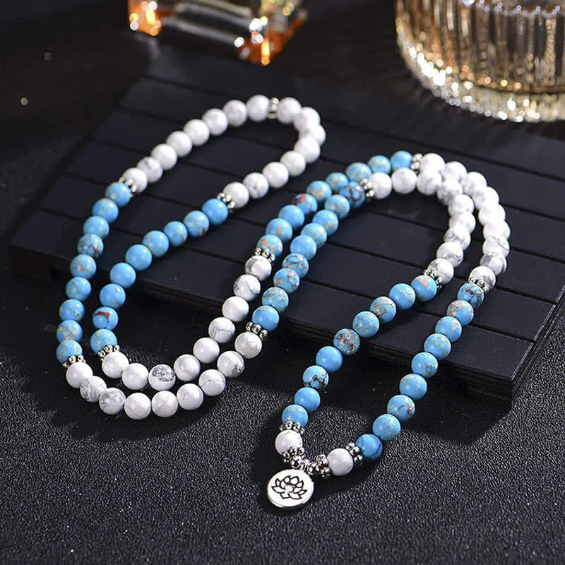 Braccialetto di benedizione del loto con 108 perle di Mala e pietra dell'imperatore turchese bianco