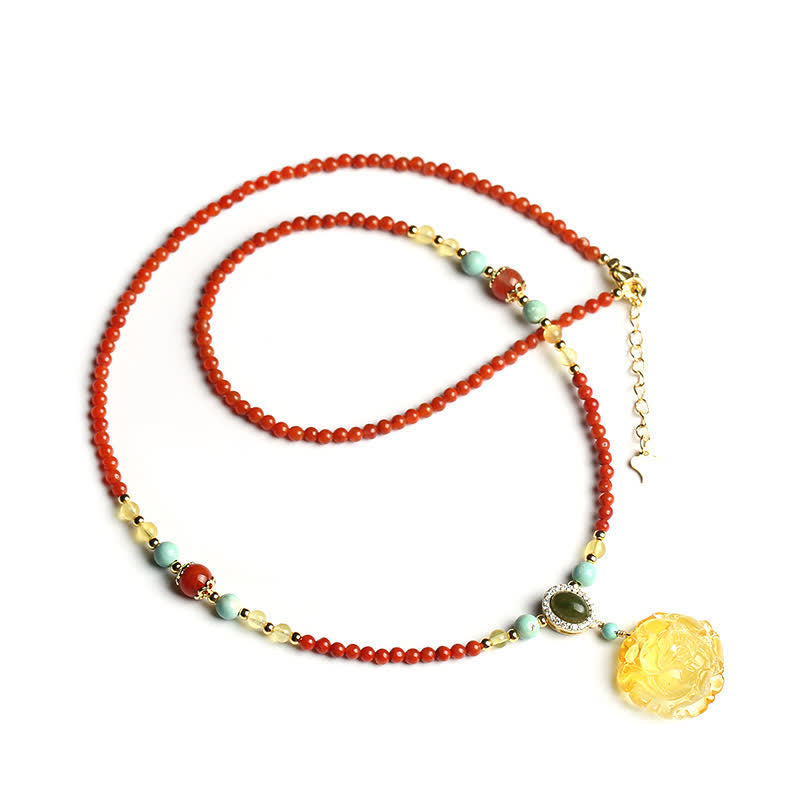 Collana con ciondolo in argento sterling 925 con agata rossa naturale, ambra e peonia, simbolo di fiducia