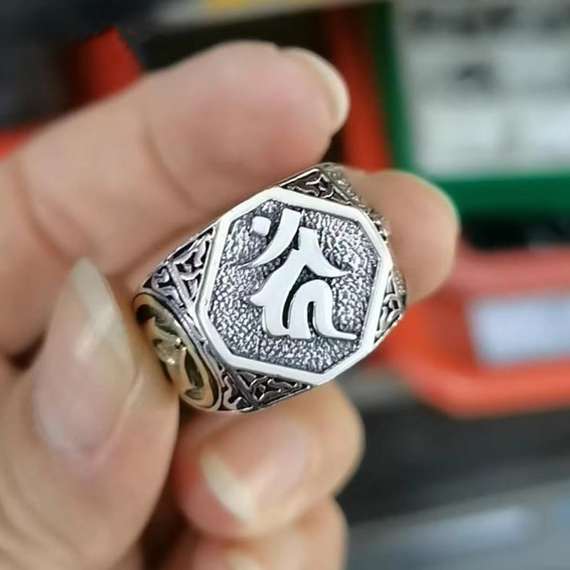 Anello regolabile con protezione intagliata in argento sterling 925 con design sanscrito Buddha Stones