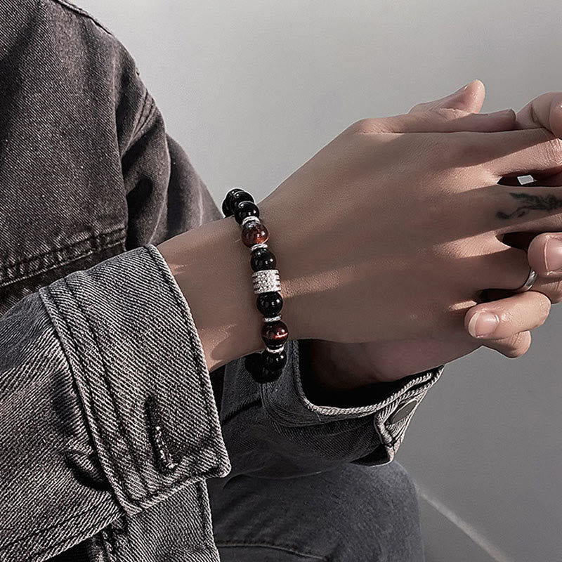 Bracciale Buddha Stones in ossidiana nera naturale con occhio di tigre e forza