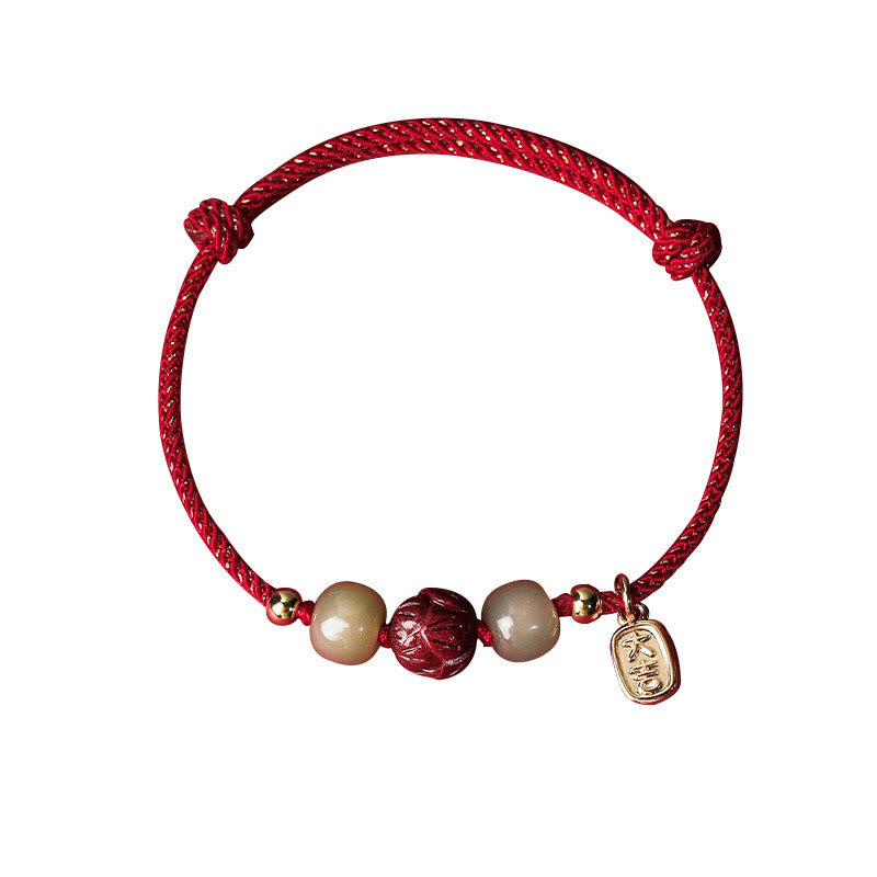 Braccialetto di corda artigianale Buddha Stones in giada Hetian placcato oro 14K, cinabro e loto portafortuna