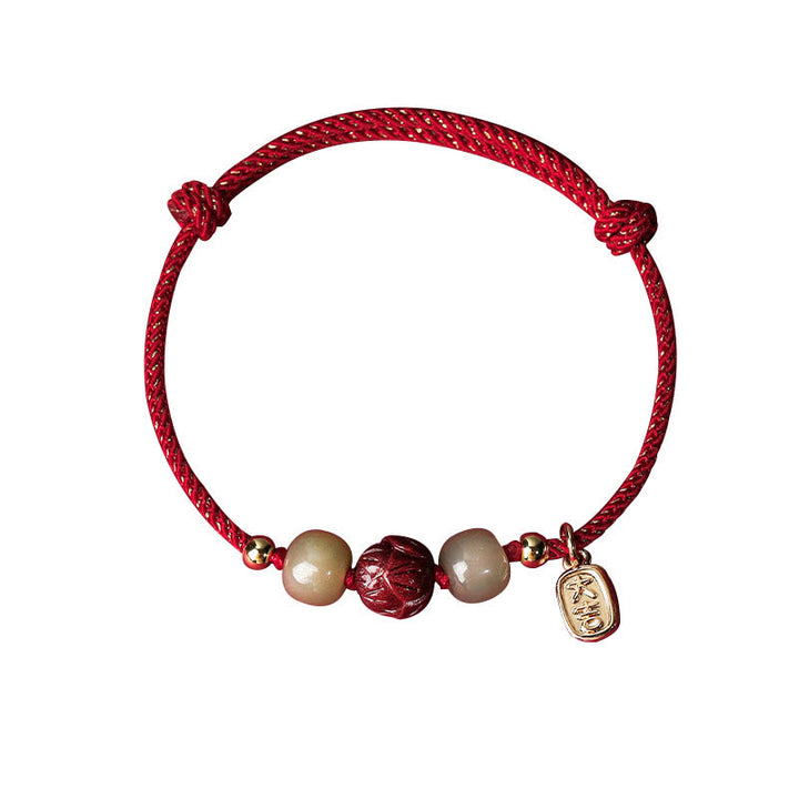 Braccialetto di corda artigianale Buddha Stones in giada Hetian placcato oro 14K, cinabro e loto portafortuna
