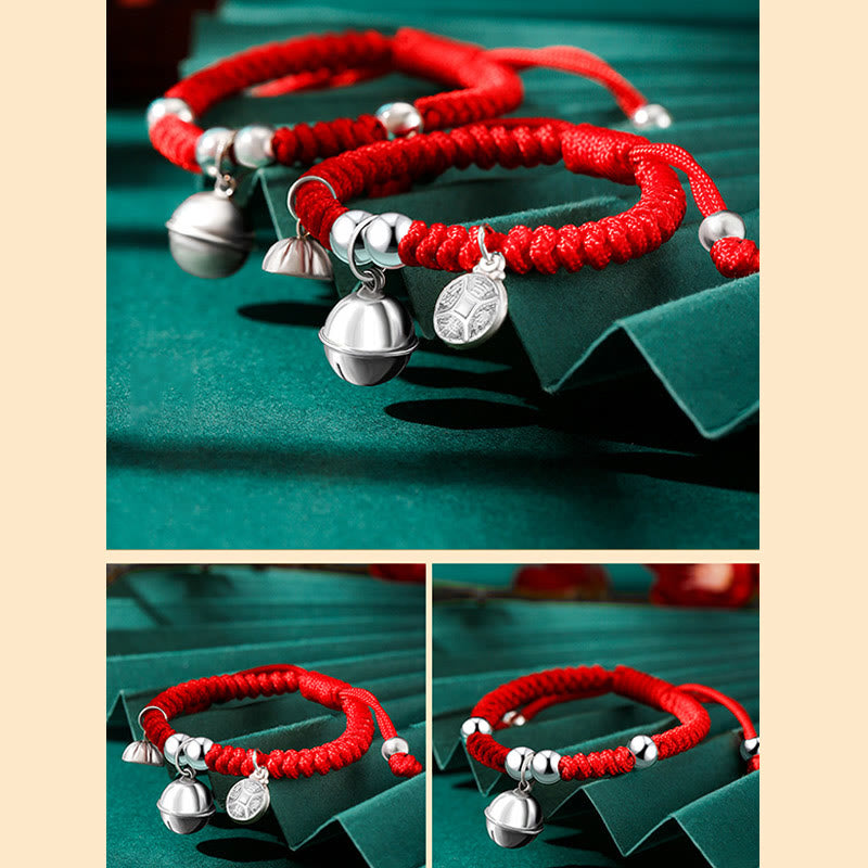 Buddha Stones 925 Sterling Silver Fatto a Mano Fu Carattere Portafortuna Sacchetto di Soldi Cinese Lucchetto Ciondolo Campana Loto Moneta di Rame King Kong Nodo Braccialetto Intrecciato per Bambini