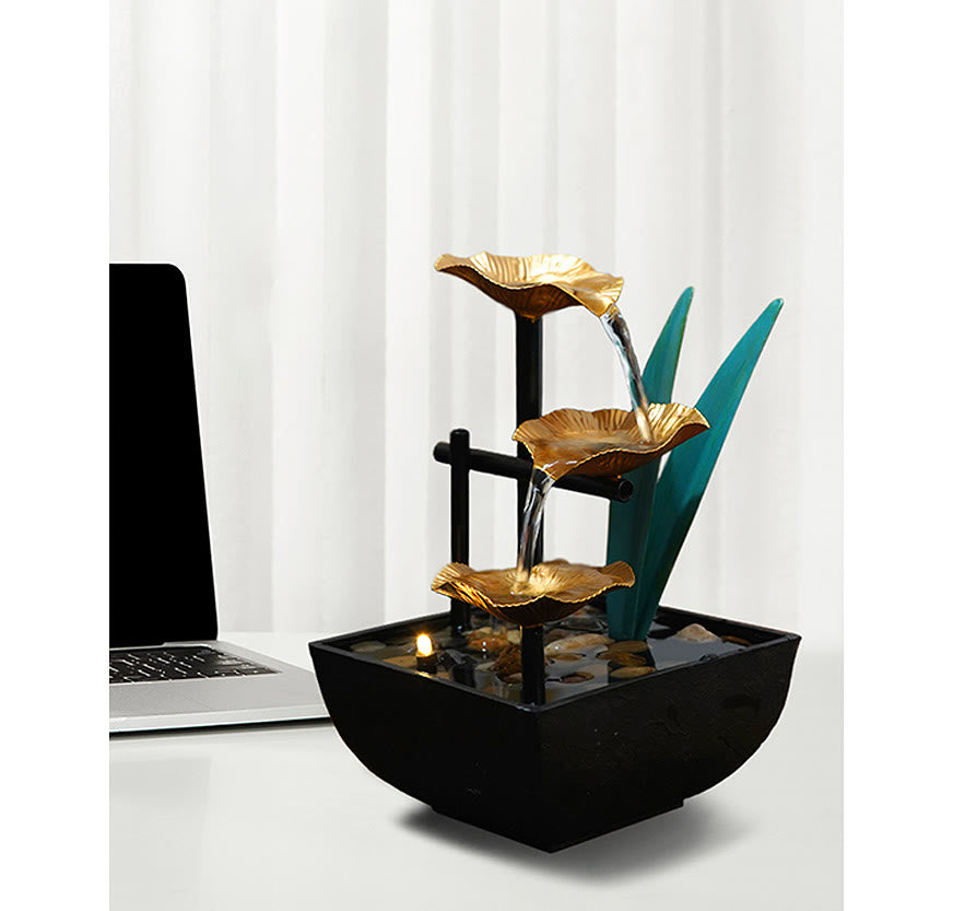 Buddha Stones Tre strati Fontana a cascata Ornamenti da tavolo di loto con rocce di fiume Decorazione da tavolo