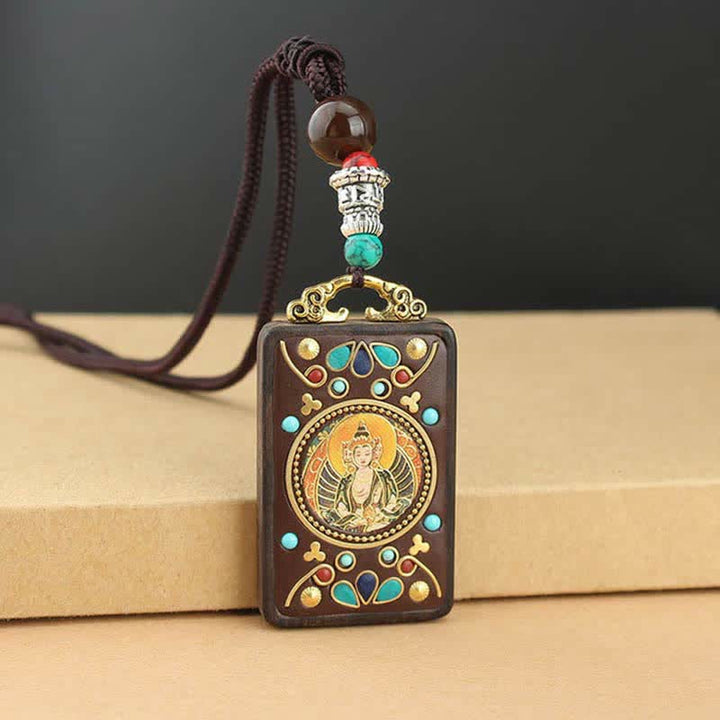 Buddha Stones Tibet Dio della Ricchezza Thangka Ebano Collana Pendente della Pace