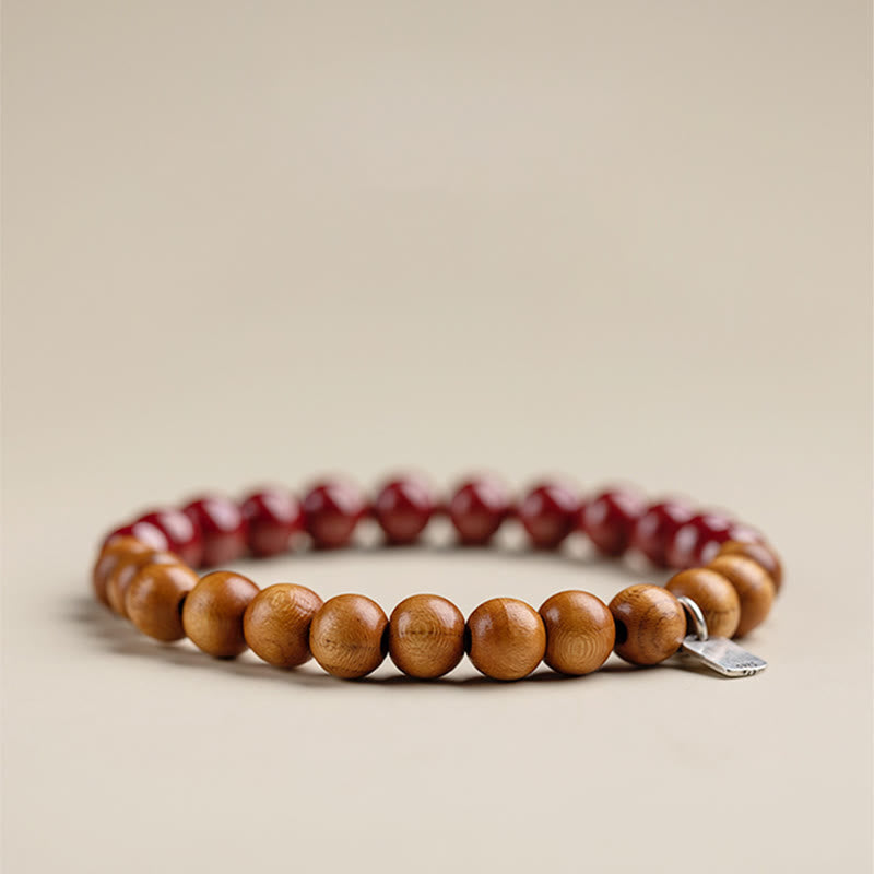 Bracciale Buddha Stones in argento sterling 925, legno di pesca, cinabro, allontana gli spiriti maligni