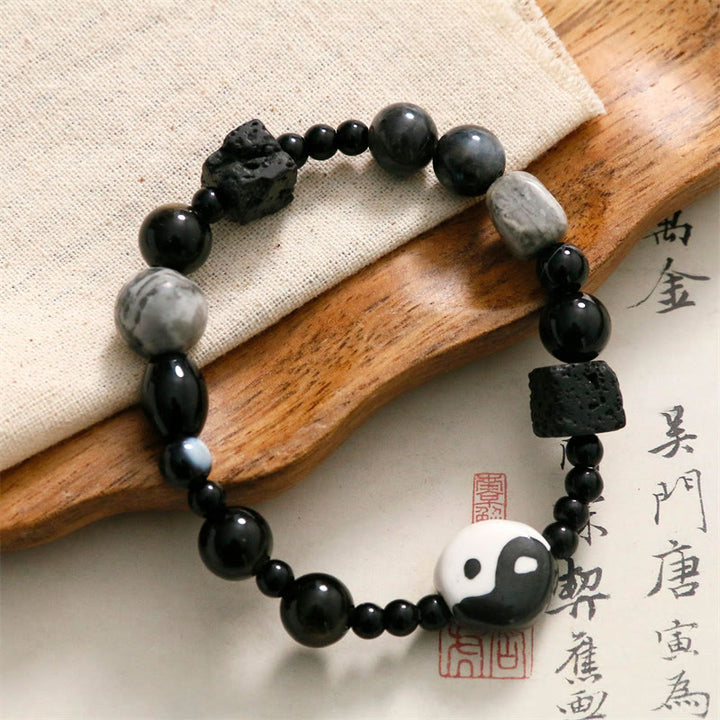 Braccialetto di protezione della fortuna Yin Yang con perline di diaspro Picasso in onice nero Buddha Stones - image 6