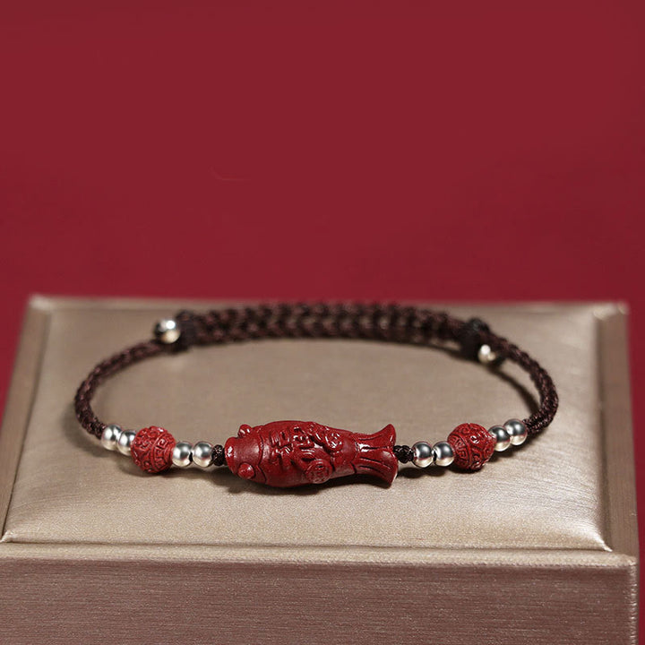 Bracciale intrecciato con moneta di rame, pesce koi, cinabro, Fu, argento sterling 925 , Buddha Stones