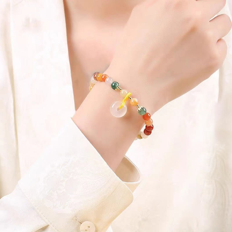 Bracciale Buddha Stones placcato oro 14K, giada di seta dorata colorata, fibbia della pace, ricchezza