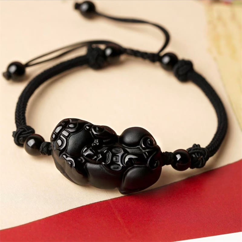 Braccialetto della ricchezza con moneta di PiXiu Cooper in ossidiana naturale, ametista, citrino e Buddha Stones
