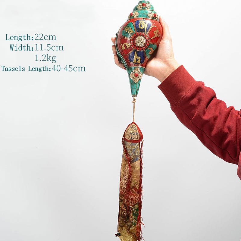 Shankha tibetano fatto a mano Om Mani Padme Hum Buddha Avalokitesvara Turchese Conchiglia Decorazione positiva - Om Mani Padme Hum 22*11,5cm - image 23