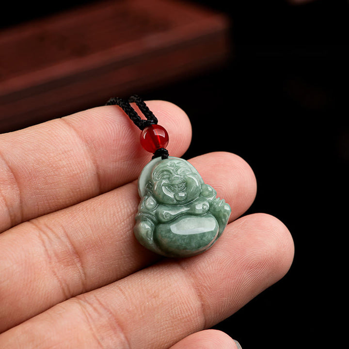 Buddha Stones Giada verde naturale Buddha che ride Collana con ciondolo di fortuna e abbondanza