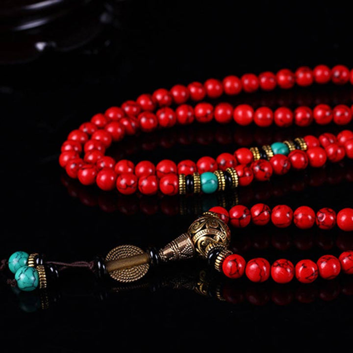 Buddha Stones Mala Tibetano Turchese Rosso Collana Fortunata Bracciale