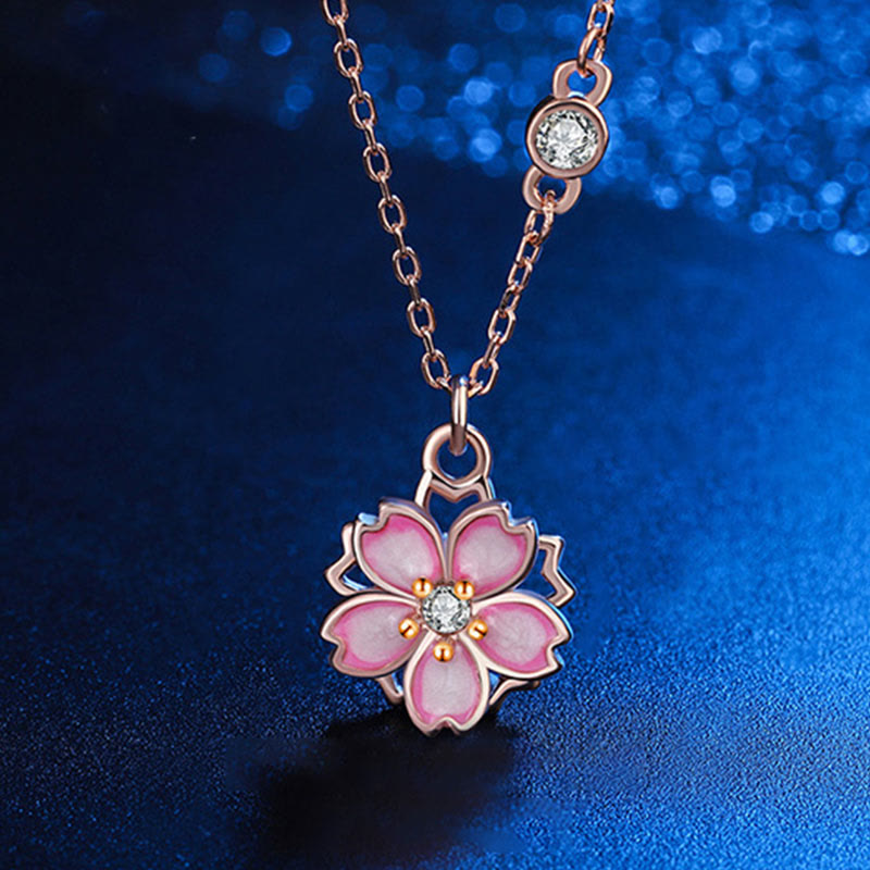 Collana con ciondolo a forma di fiore di ciliegio in argento sterling 925 con Buddha Stones e protezione girevole - Fiore di ciliegio in oro rosa - image 0