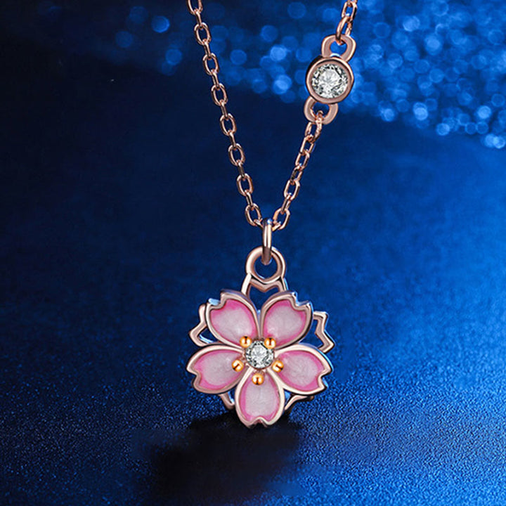Collana con ciondolo a forma di fiore di ciliegio in argento sterling 925 con Buddha Stones e protezione girevole - Fiore di ciliegio in oro rosa - image 0