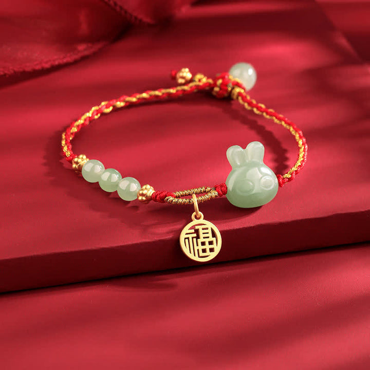 Braccialetto in corda rossa con Buddha Stones in argento sterling 925 Anno del coniglio in giada Hetian Felicità Fortuna