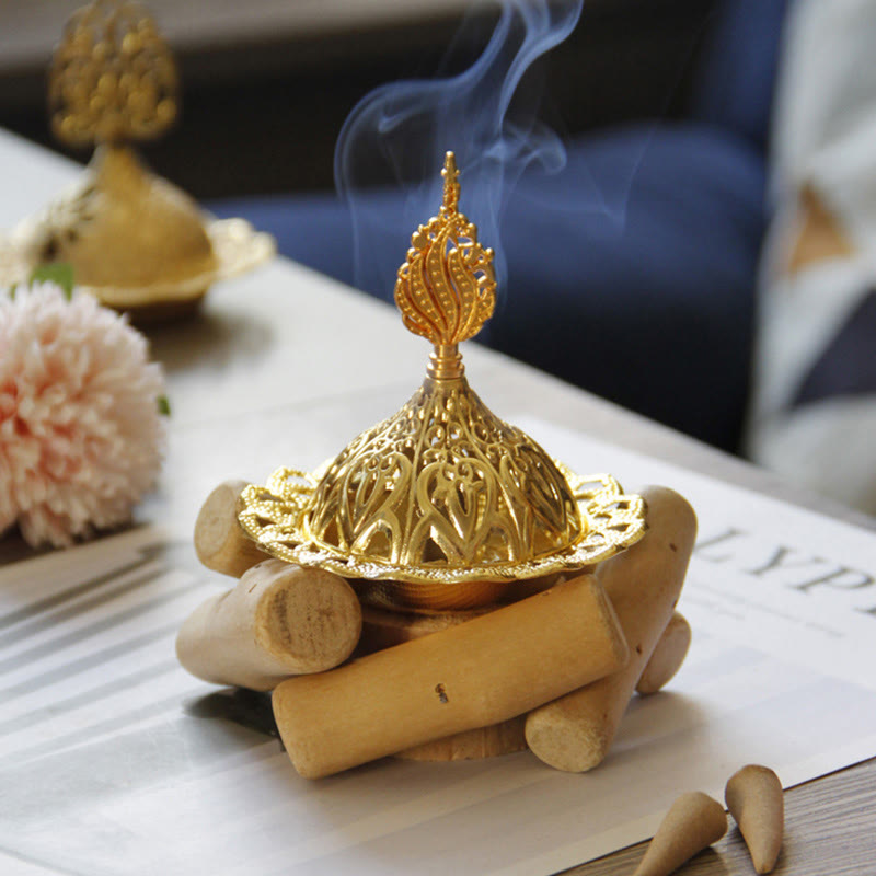 Mini bruciatore di incenso curativo in lega d'oro con sottobicchiere in legno, decorazione per la casa