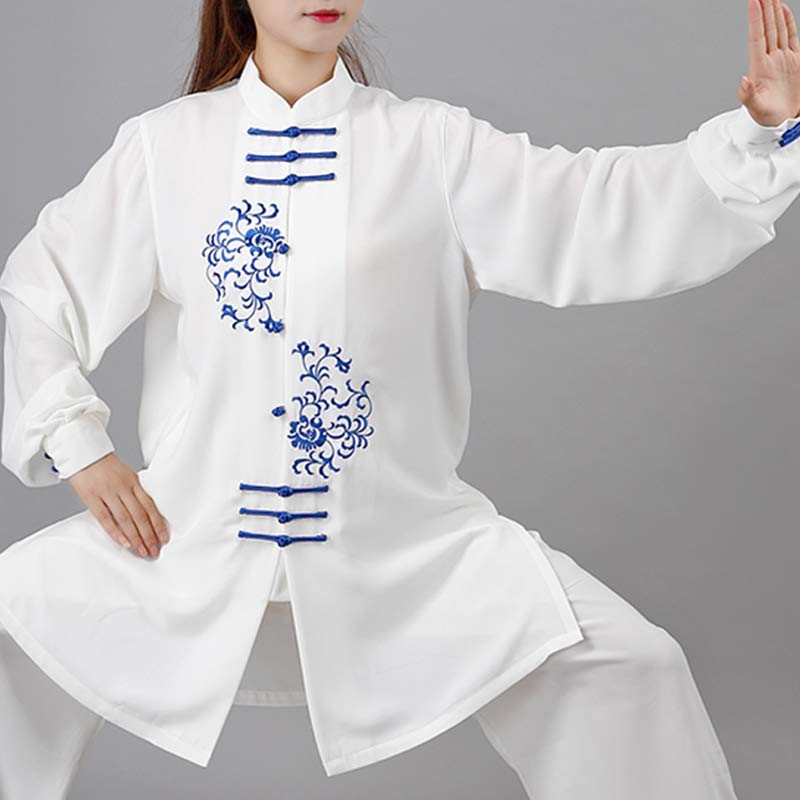 Buddha Stones Fiore Ricamo Meditazione Preghiera Spirituale Zen Tai Chi Qigong Pratica Set di Abbigliamento Unisex