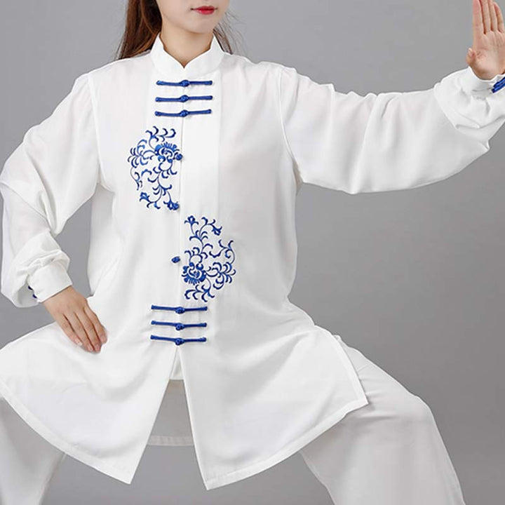 Buddha Stones Fiore Ricamo Meditazione Preghiera Spirituale Zen Tai Chi Qigong Pratica Set di Abbigliamento Unisex