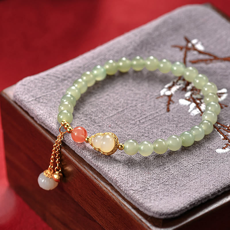 Braccialetto portafortuna in argento sterling 925 con giada Hetian e zucca di loto