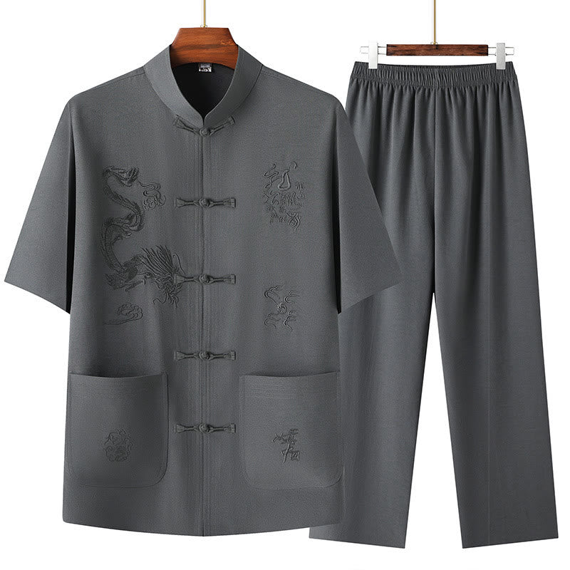 Buddha Stones Tang Suit Hanfu Drago Cinese Tradizionale Kung Fu Uniforme Manica Corta Top e Pantaloni Abbigliamento Uomo Set