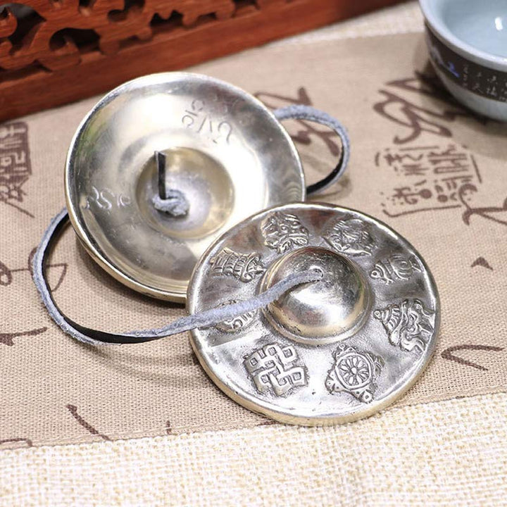 Buddha Stones Campana Tingsha Tibetana Sei Parole Vere Decorazione Guarigione Rame Bianco