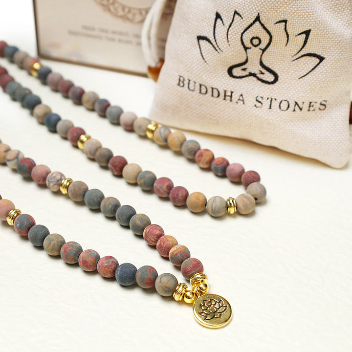 Buddha Stones 108 Mala Beads Picasso Jasper Stone Braccialetto energetico del coraggio