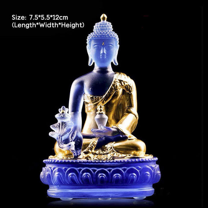 Buddha Stones Buddha della medicina Fatto a mano Liuli Cristallo Pezzo d'arte Statua della compassione Casa Ufficio Offerta Decorazione - 7,5*5,5*12 cm - Buddha della medicina d'oro - image 5