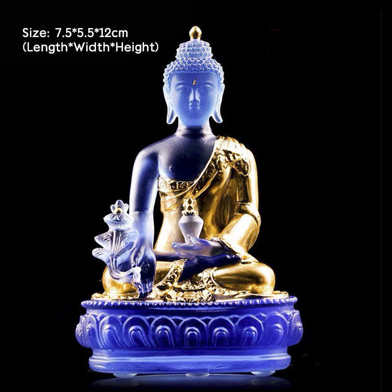 Buddha Stones Buddha della medicina Fatto a mano Liuli Cristallo Pezzo d'arte Statua della compassione Casa Ufficio Offerta Decorazione - 7,5*5,5*12 cm - Buddha della medicina d'oro - image 5