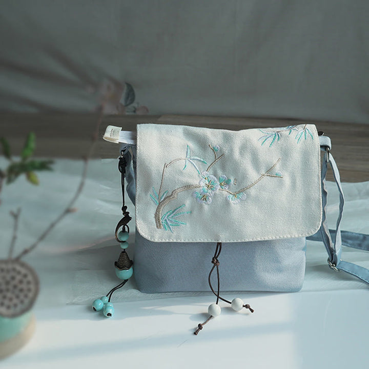 Borsa a tracolla in tela con fiori di prugna ricamati a mano , Buddha Stones, borsa a tracolla