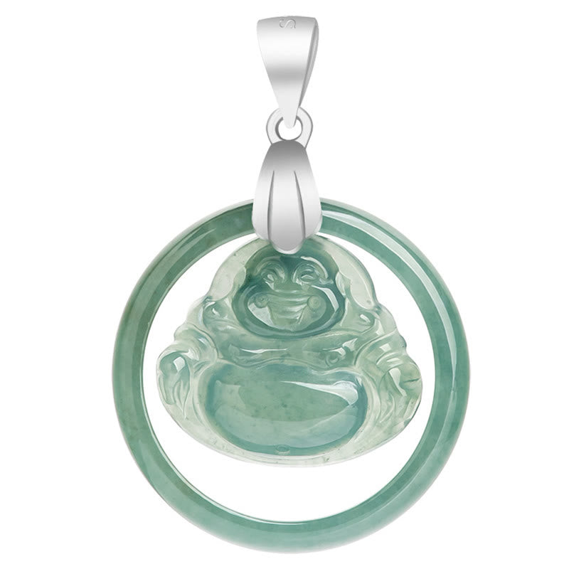 Collana con ciondolo a forma Buddha Stones Buddha con ciondolo a forma di Buddha che ride, in argento sterling 925, giada naturale rotonda