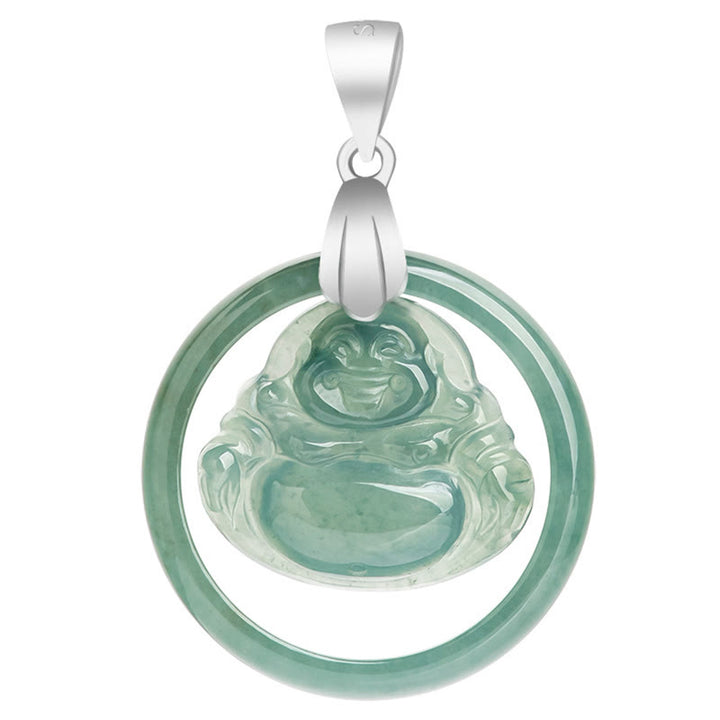 Collana con ciondolo a forma Buddha Stones Buddha con ciondolo a forma di Buddha che ride, in argento sterling 925, giada naturale rotonda