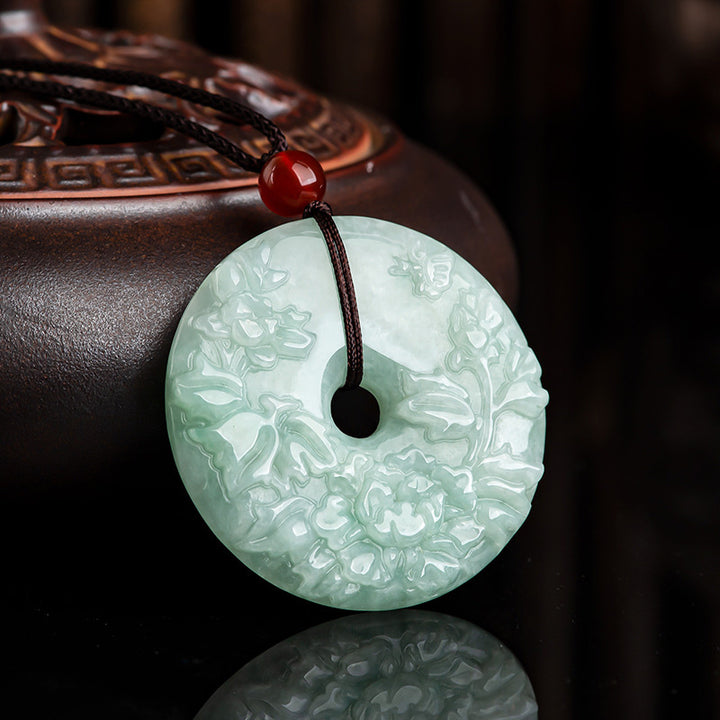 Collana con ciondolo a forma di fiore di peonia con Buddha Stones, giada rotonda e fibbia della pace