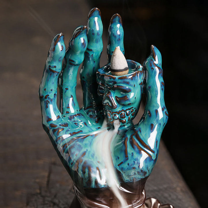 Buddha Stones Halloween Fantasma Mano Teschio Testa Ceramica Pace Guarigione Bruciatore di Incenso Decorazione