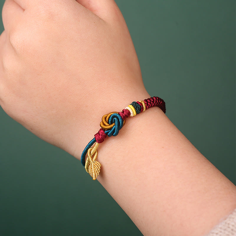 Braccialetto di corda della fortuna con nodo foglia mandala tibetano fatto a mano con Buddha Stones - image 1