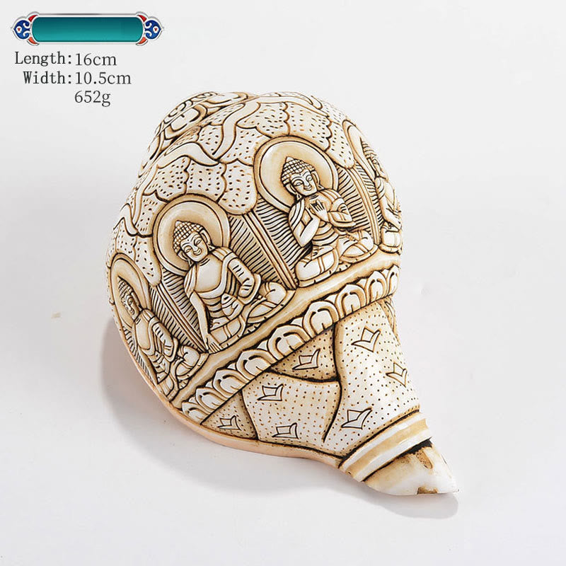 Decorazione di ricchezza di conchiglia di conchiglia di Avalokitesvara Buddha tibetano inciso a mano Shankha - Cinque Buddha 16*10,5 cm - image 13