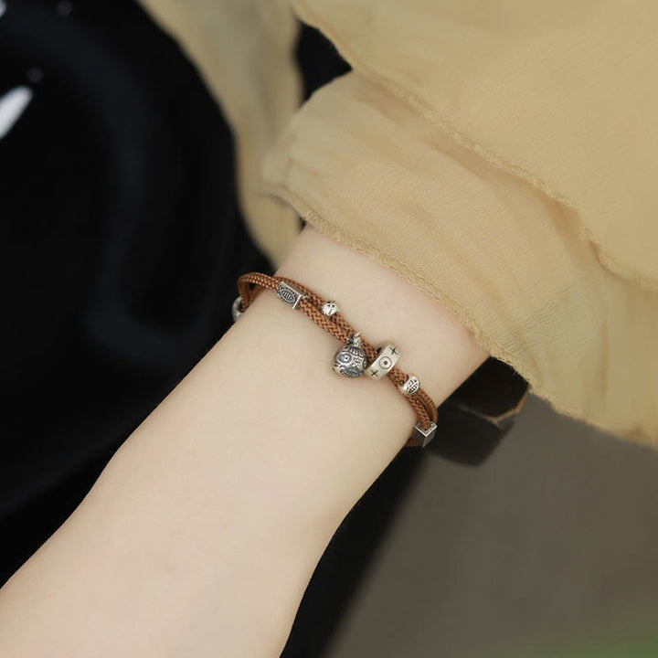 Bracciale intrecciato a mano Buddha Stones 925 Sterling Silver Gold con pesce Koi che ingoia la bestia - Marrone (circonferenza del polso 14-16 cm) - image 7