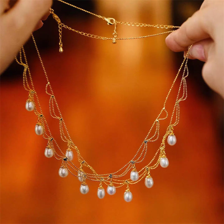 Collana con ciondolo multistrato di perle curative placcate in oro 14K vintage