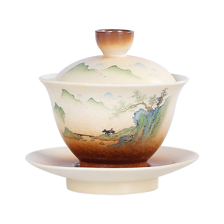 Buddha Stones Montagna Paesaggio Campagna Ceramica Gaiwan Sancai Tazza da tè Kung Fu Tazza da tè e piattino con coperchio - image 4
