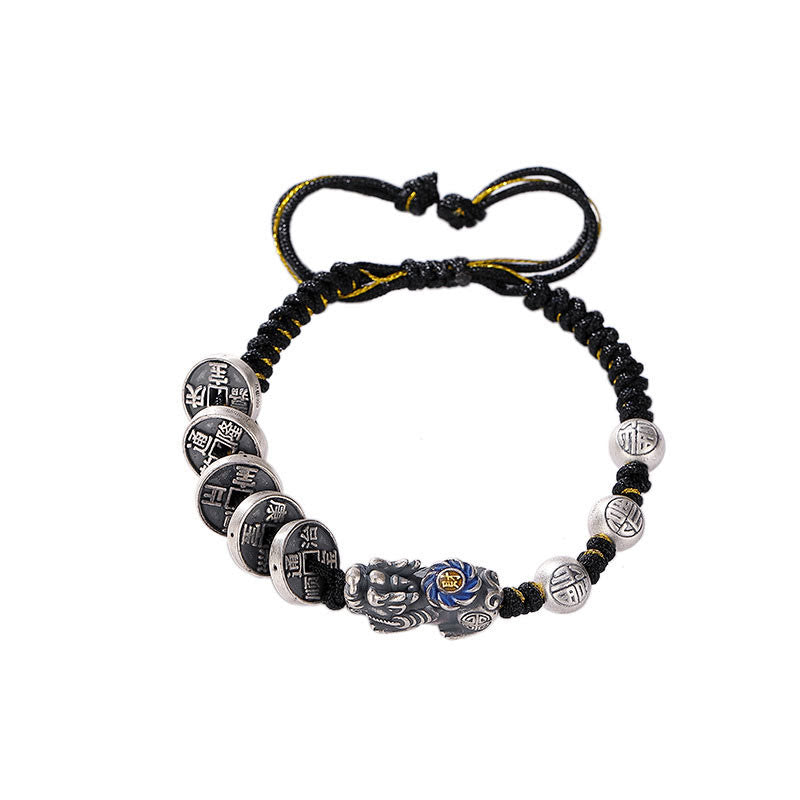 Bracciale intrecciato con moneta di rame PiXiu FengShui in argento sterling 999 con pietre Buddha Stones, carattere Fu, ricchezza